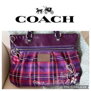 COACH Poppy Tartan Plaid Purple Handbag Tote Bag Satchel Shoulder Purse Auth
